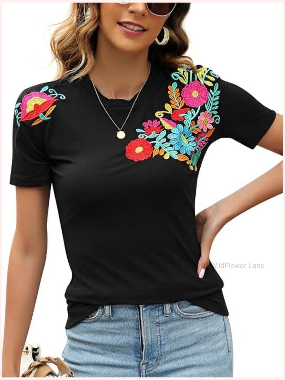 Embroidered Floral Tunic Boho Blouse Short Sleeve Summer